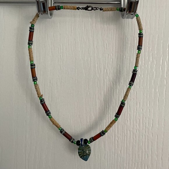 16" Handmade Beaded Necklace with Glass Pendant - Picture 1 of 5